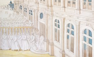 ルイーズドロレーヌヴォードモン女王の行列（1553-1601）1584年、メゾンドシャリテのためにパレデュルーヴルを去る（ペンとインク、紙にトイレ） 作： Nicolas attr. to Houel